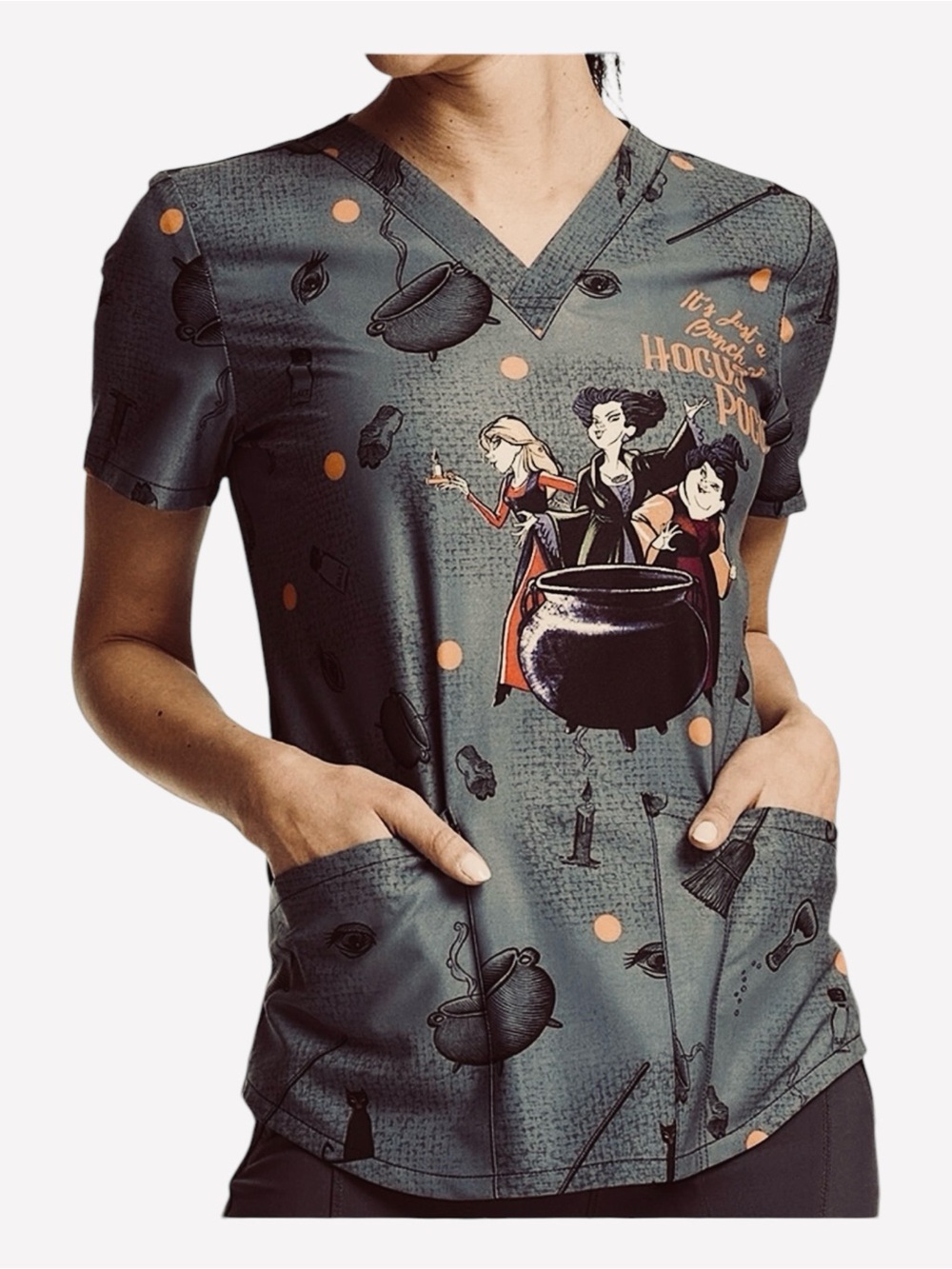HOCUS POCUS CHEROKEE SCRUBS TOONIFORMS DISNEY V NECK TOP SZ LG EUC